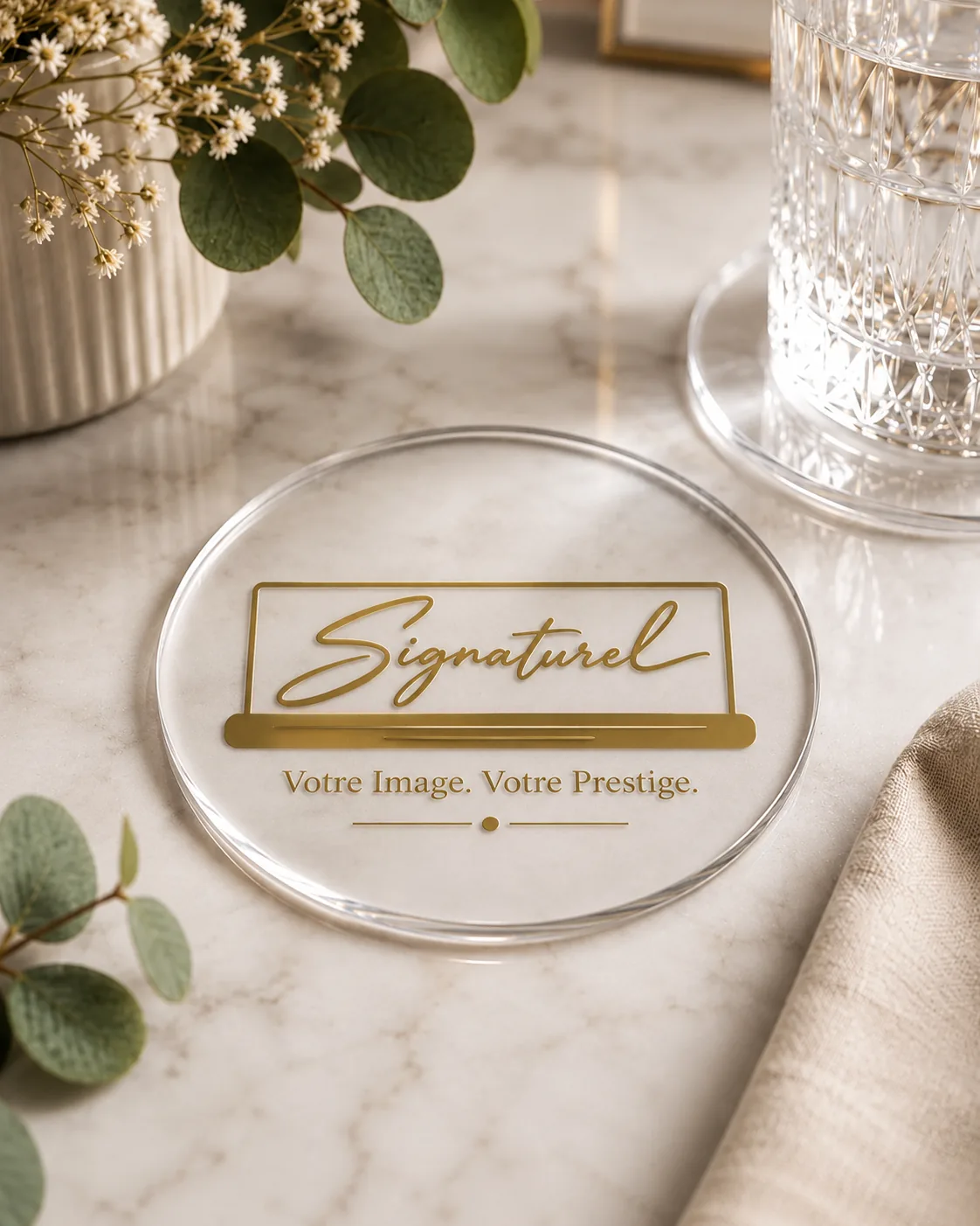 Dessous de verre personnalisé (sous-tasse personnalisée) en acrylique transparent rond avec logo doré, posé sur une table en marbre