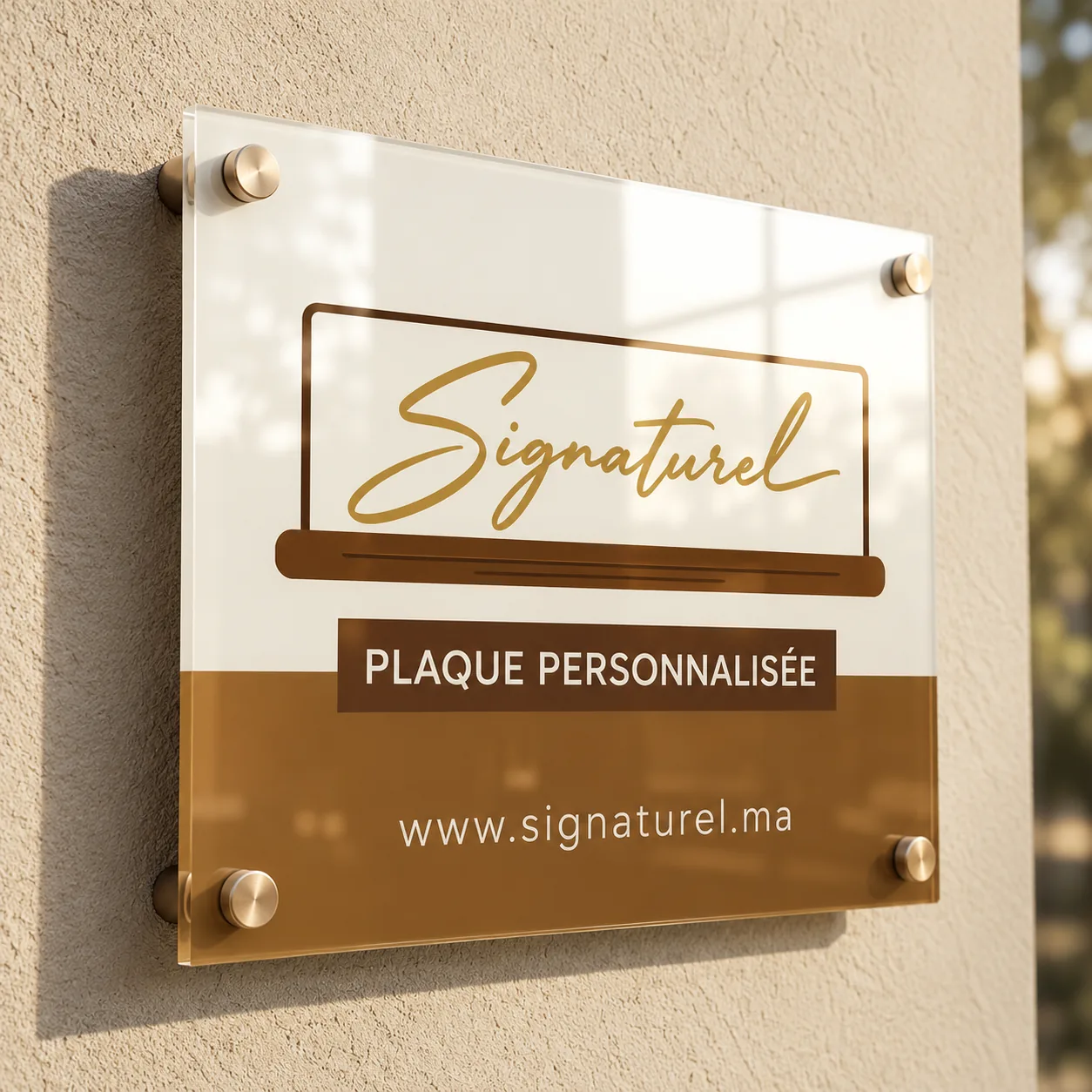 Enseigne murale personnalisée en plexiglas avec logo imprimé, fixée au mur extérieur par quatre entretoises dorées