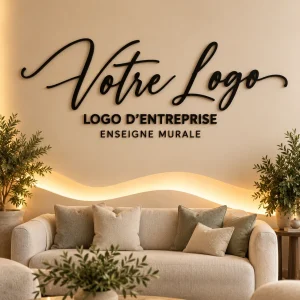 Logo mural 3D personnalisé en lettres découpées noires fixé au mur d’un salon d’accueil, enseigne murale de logo d’entreprise