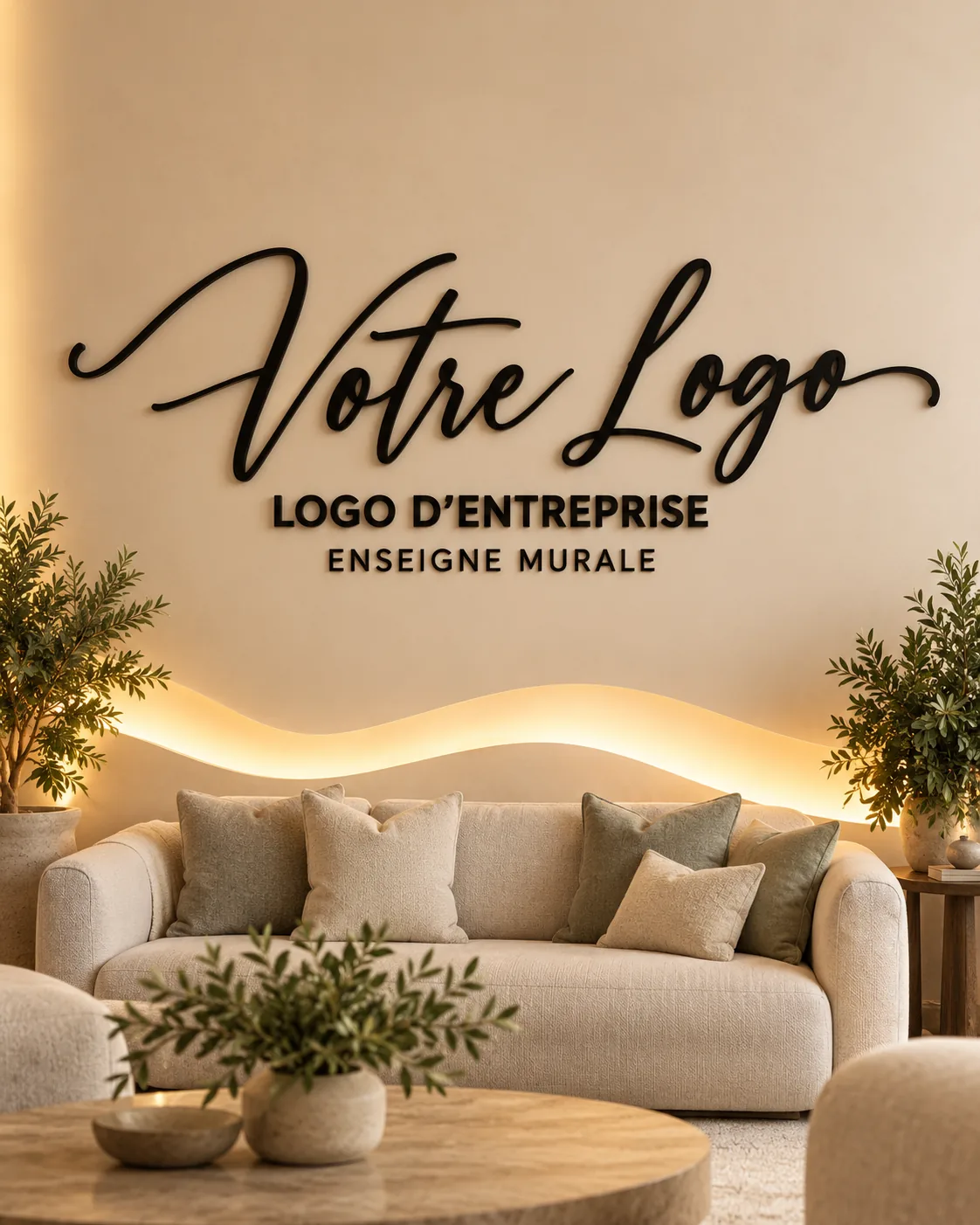 Logo mural 3D personnalisé en lettres découpées noires fixé au mur d’un salon d’accueil, enseigne murale de logo d’entreprise