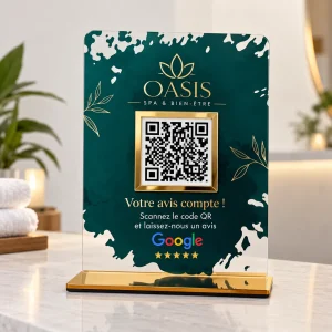 Plaque avis Google QR code personnalisée vert et doré pour un spa, sur socle doré miroir