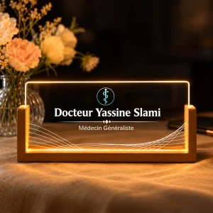 Plaque de bureau lumineuse LED en acrylique gravé sur socle en bois, avec logo médical, pour Docteur Yassine Slami, médecin généraliste