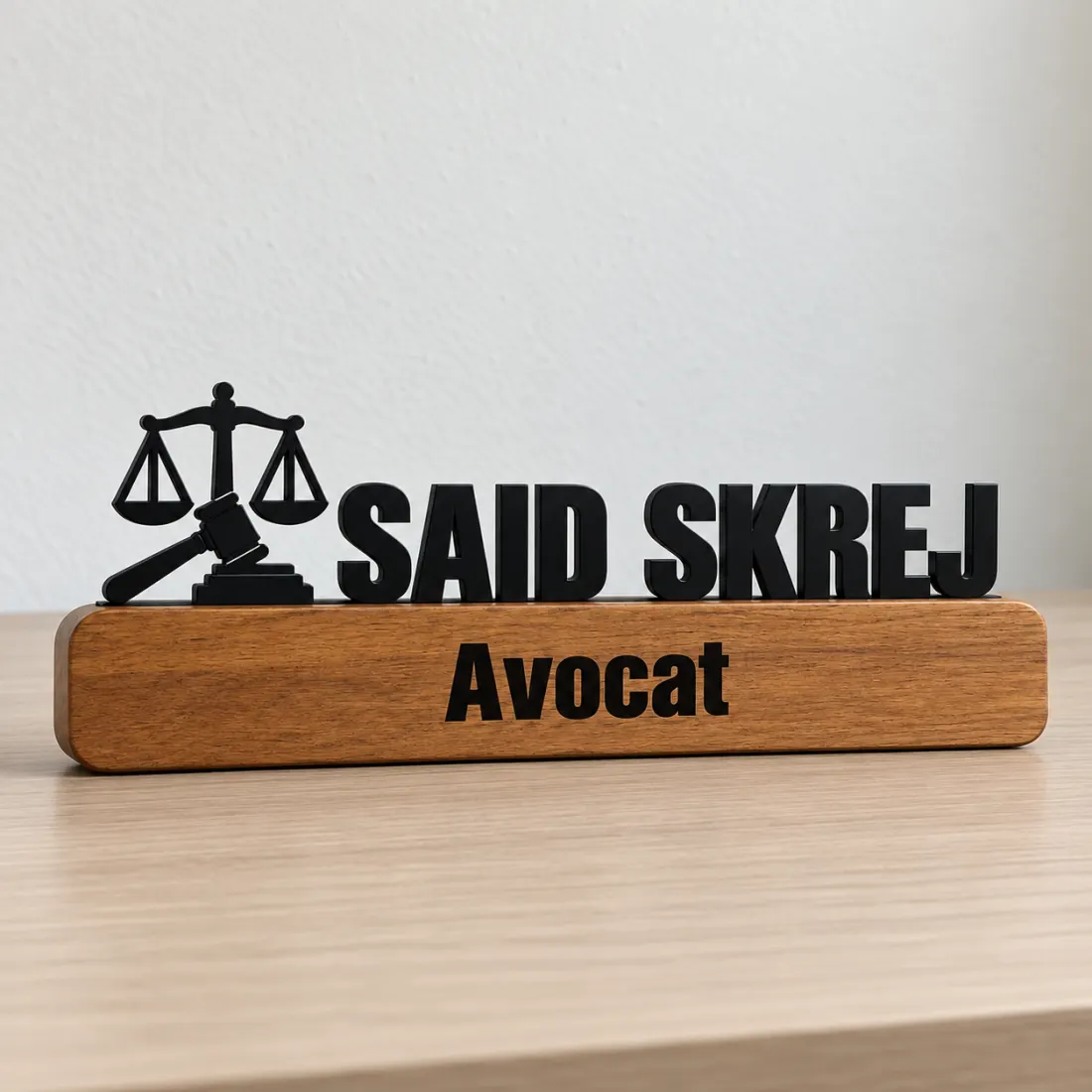Plaque de bureau personnalisée pour avocat au Maroc : nom découpé en relief, balance de la justice et socle en bois gravé « Avocat »