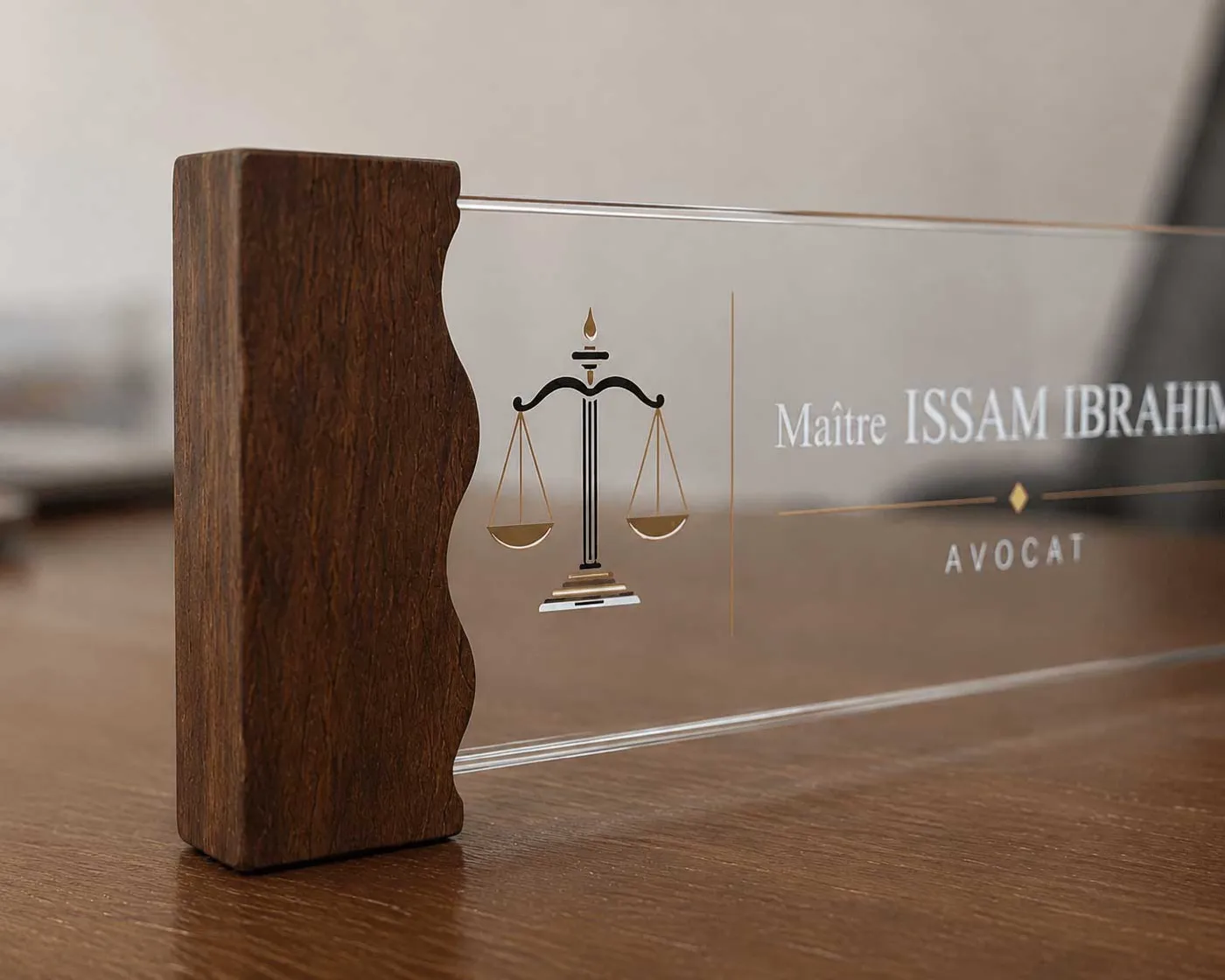 Plaque de bureau personnalisée en bois de noyer et acrylique pour avocat — Maître Issam Ibrahim