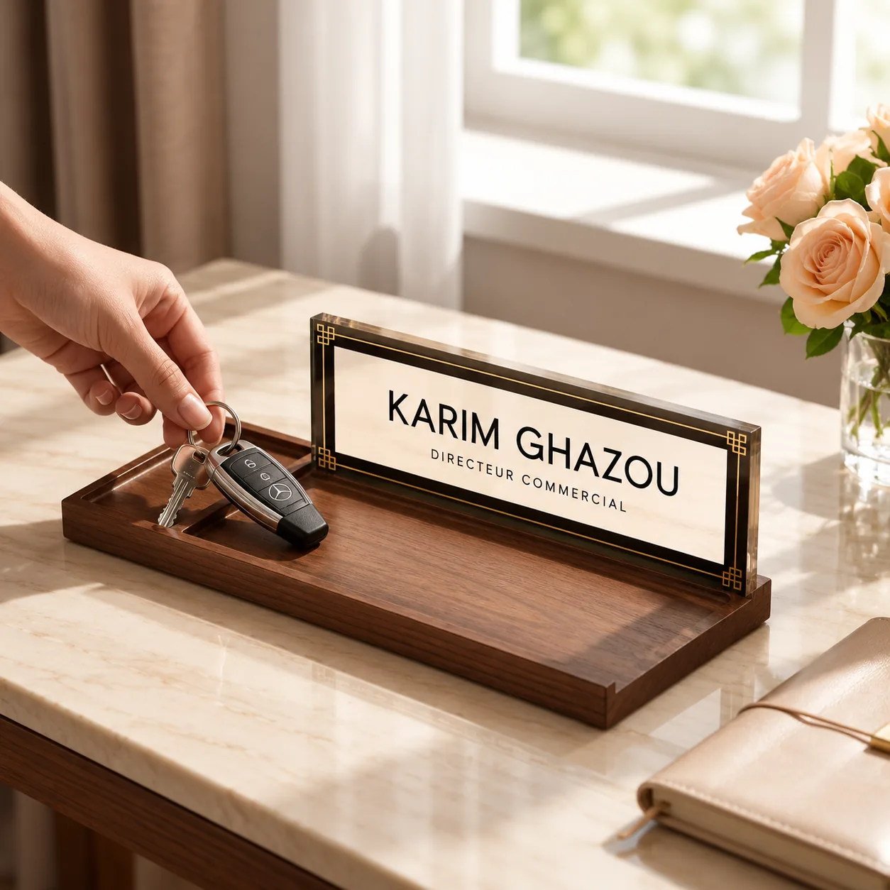 Plaque de bureau personnalisée en acrylique avec cadre noir et doré sur socle vide-poche en bois, nom Karim Ghazou, Directeur Commercial, clés posées dans le compartiment