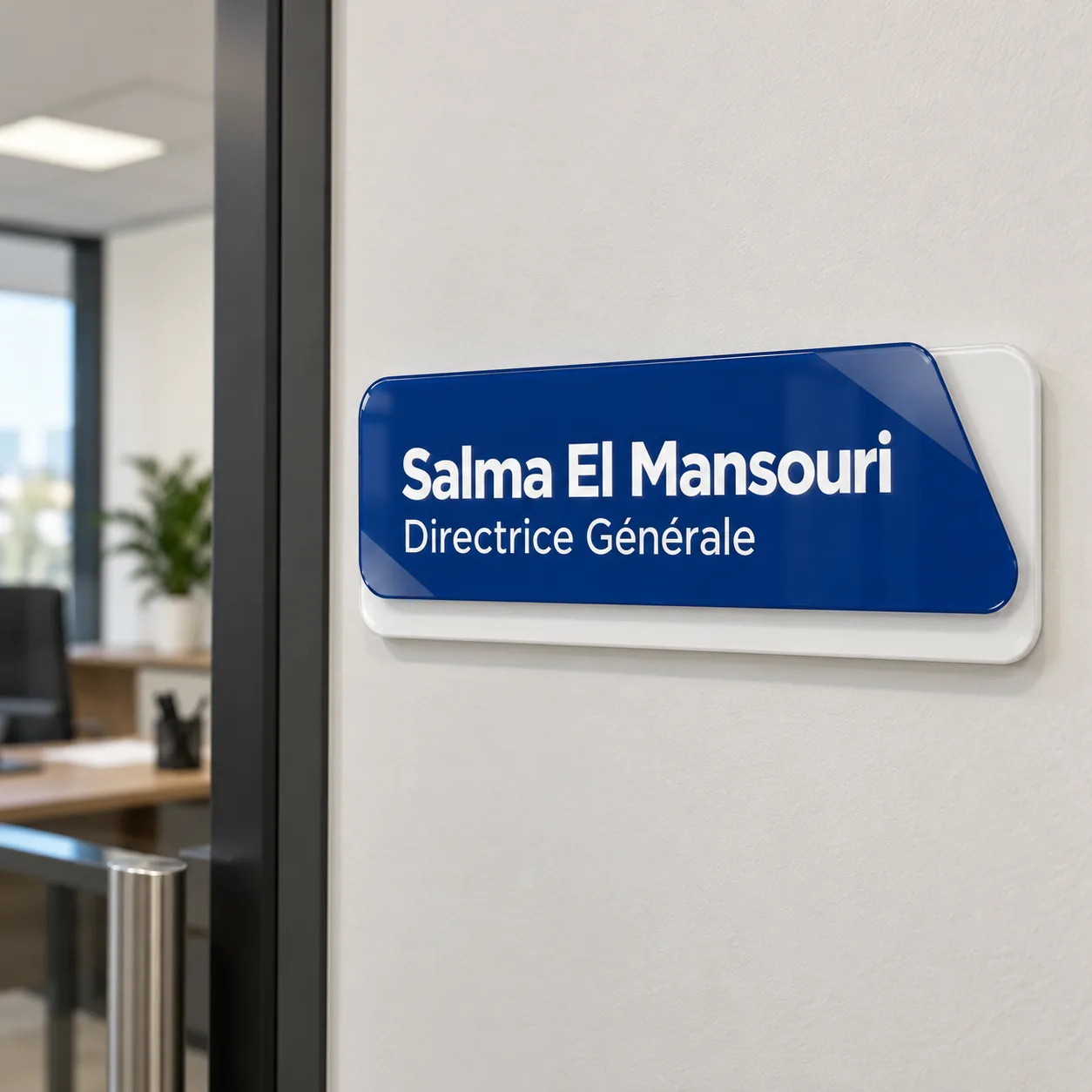 Plaque de porte de bureau en plexiglas bleu sur fond blanc fixée au mur à côté d’une porte vitrée : Salma El Mansouri, Directrice Générale