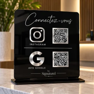 Plaque QR code réseaux sociaux en acrylique noir, logos Instagram et Google effet miroir argent, sur socle