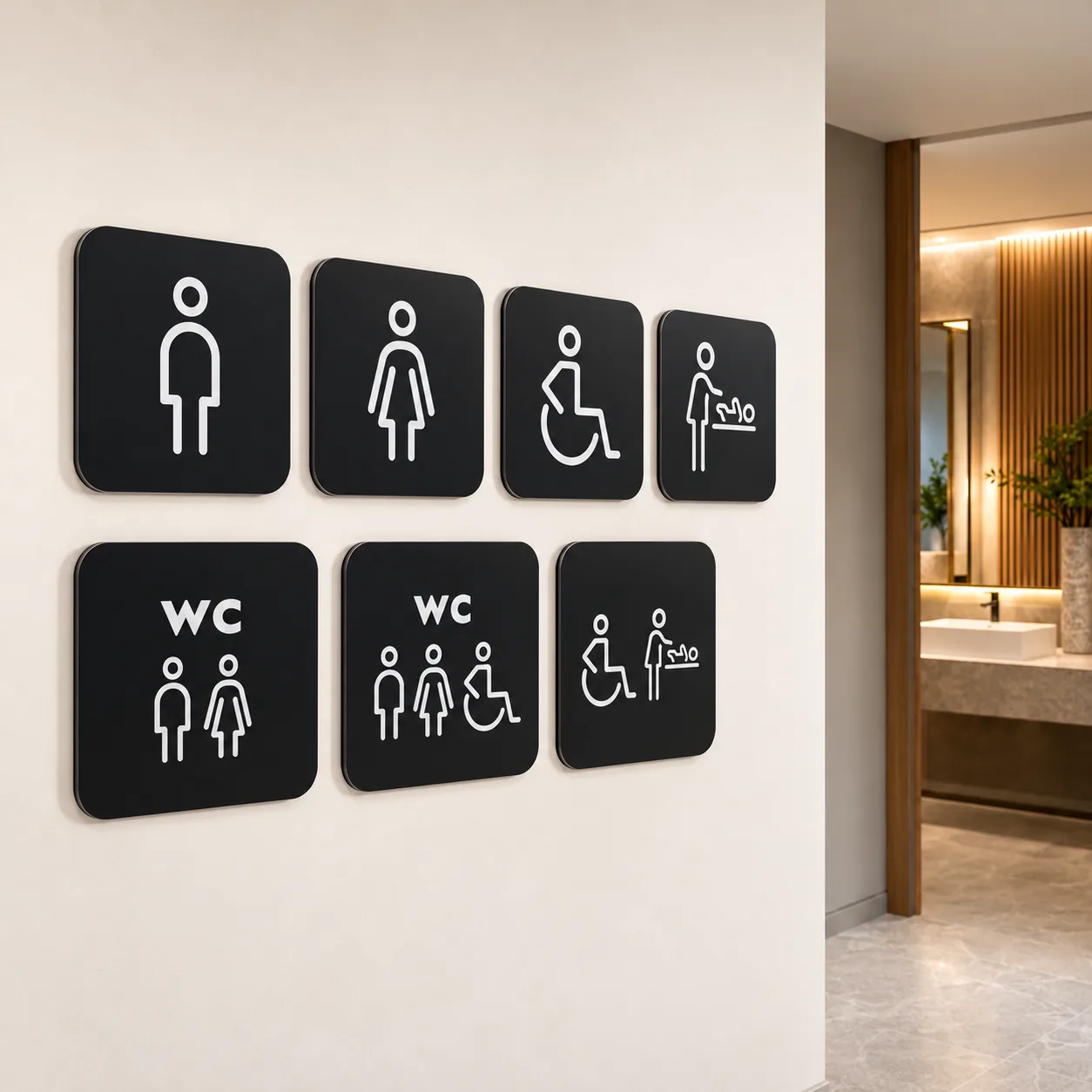 Plaques signalétiques WC noires en acrylique : homme, femme, PMR, table à langer et WC mixtes